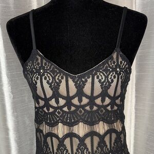 Love Fire Lacy Fringe Lined Spaghetti Strap Black Tan Mini Dress Women’s S